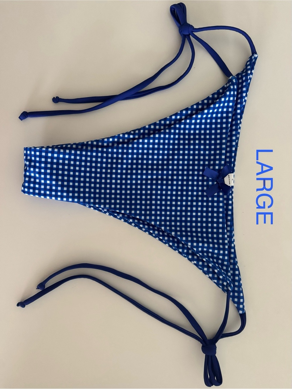 Blue and White Gingham Tie-Side Ladies Swimsuit SIZE L BOTTOMS ONLY